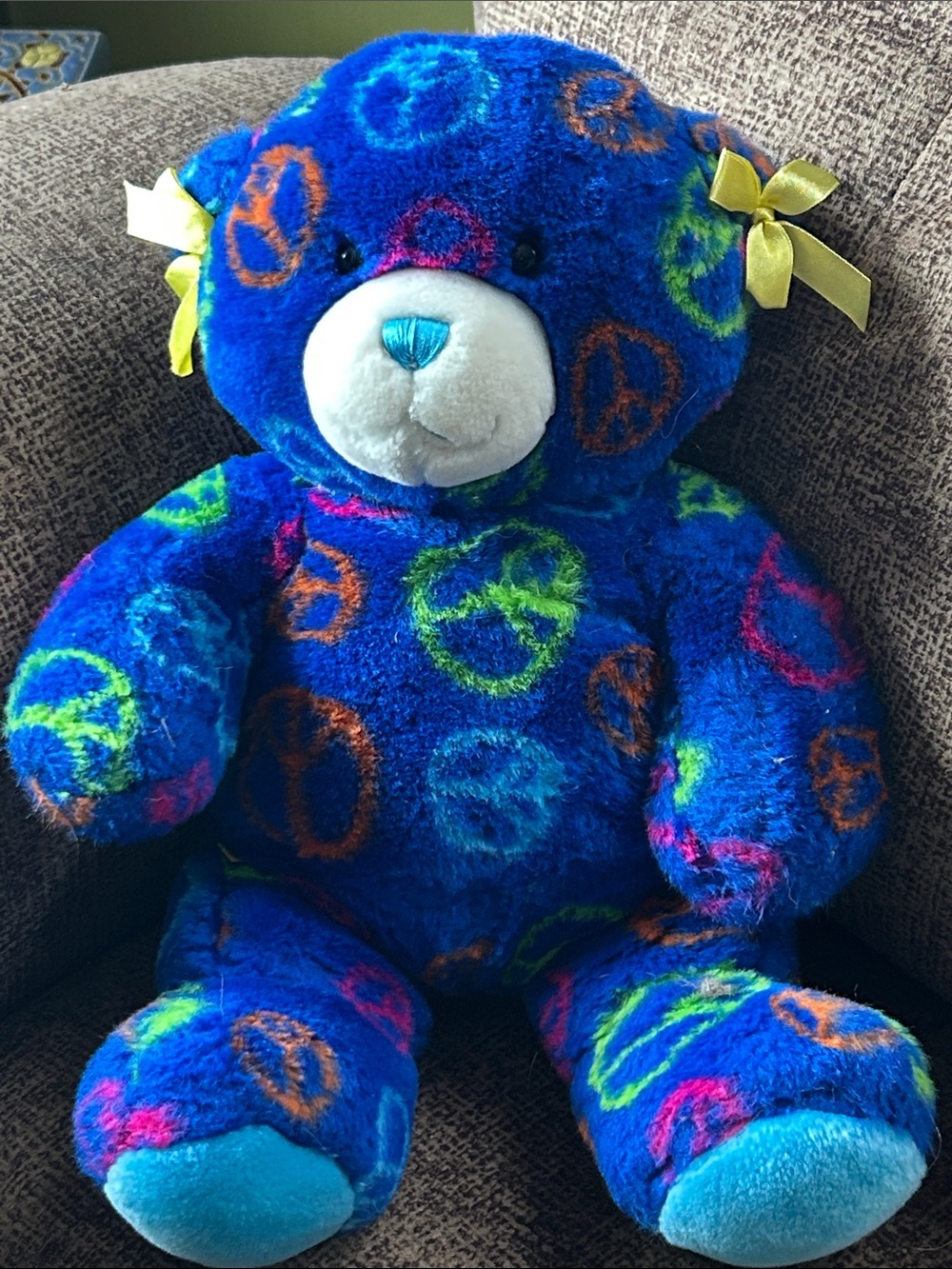 Build-A-Bear Blue Peace Sign Plush with Yellow Bows